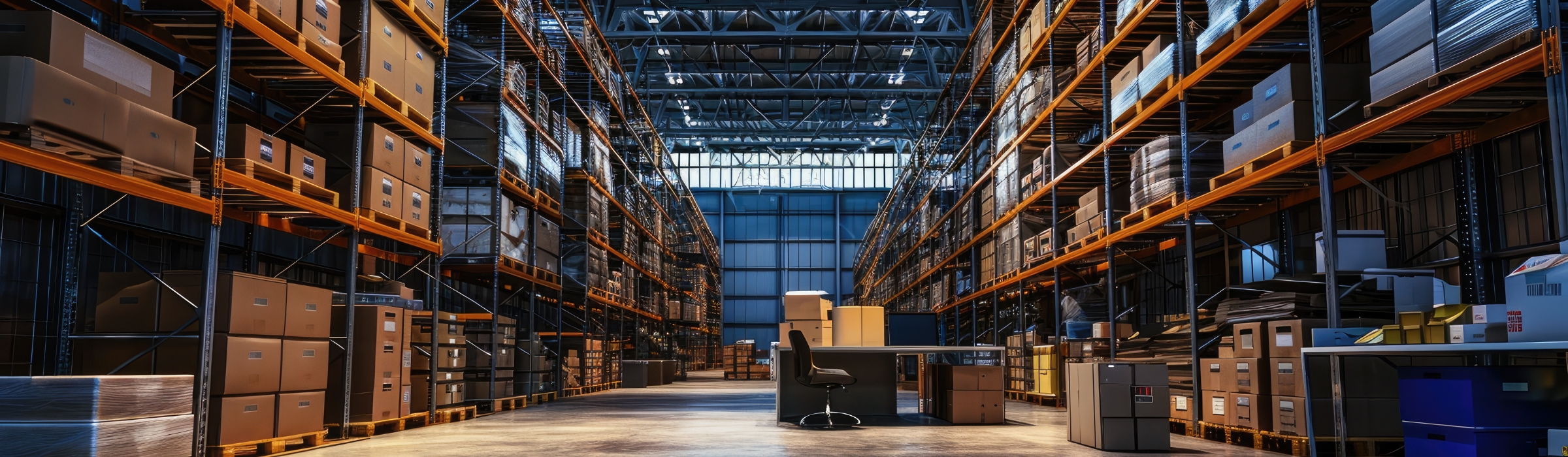 Warehouse with high shelves and cartons Stock Management